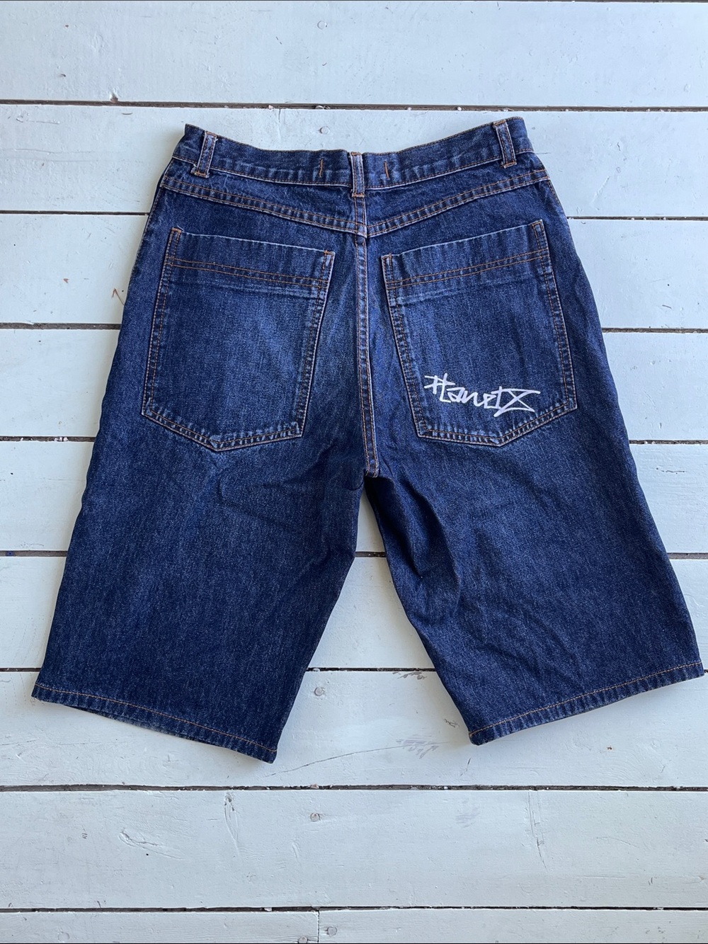 Men's Dark Blue Denim Shorts with Back-Pocket Script